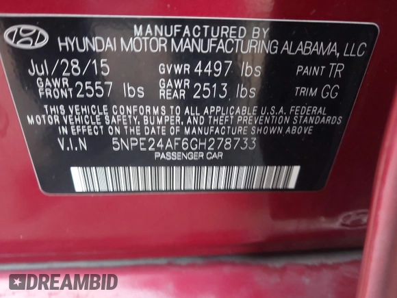 2016 Hyundai Sonata 2.4L with VIN 5NPE24AF6GH278733, listed as a IAAI auction lot 42034408 with 161,532 mi miles and . Bid and sale history available at carsss.com. Image 9.