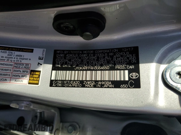 2017 Toyota Prius Plus with VIN JTDKARFP4H3064650, listed as a Copart auction lot 60740765 with 114,460 mi miles and Salvage title. Bid and sale history available at DreamBid. Image 12.