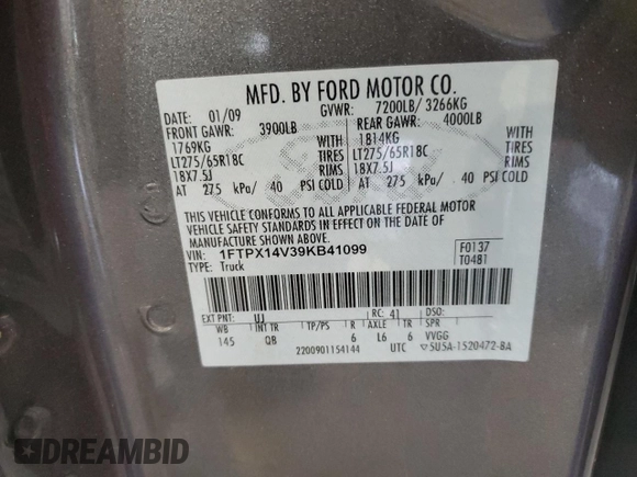 2009 Ford F-150 XL with VIN 1FTPX14V39KB41099, listed as a Copart auction lot 57279624 with 114,594 mi miles and Clean Title. Bid and sale history available at carsss.com. Image 12.
