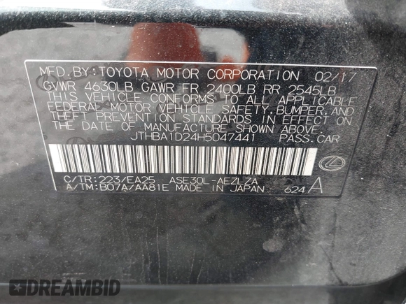 2017 Lexus IS 200t with VIN JTHBA1D24H5047441, listed as a IAAI auction lot 42209495 with 68,873 mi miles and . Bid and sale history available at DreamBid. Image 9.