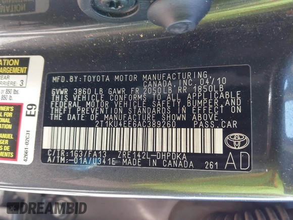 2010 Toyota Matrix with VIN 2T1KU4EE6AC389260, listed as a IAAI auction lot 41974284 with 107,770 mi miles. Bid and sale history available at carsss.com. Image 9.