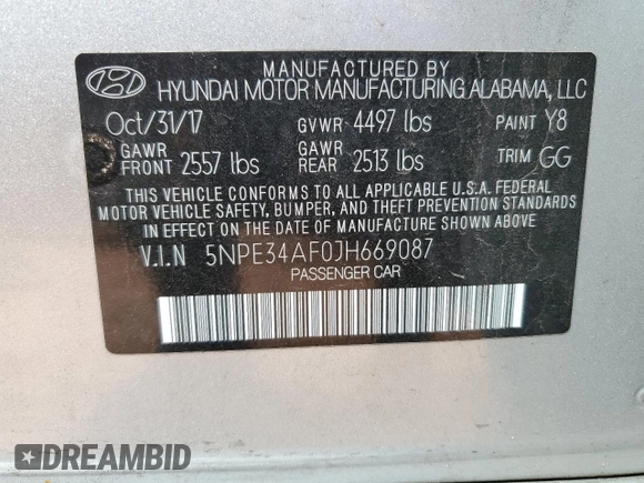 2018 Hyundai Sonata SEL with VIN 5NPE34AF0JH669087, listed as a Copart auction lot 50164165 with 17,469 mi miles and Salvage Title. Bid and sale history available at DreamBid. Image 14.