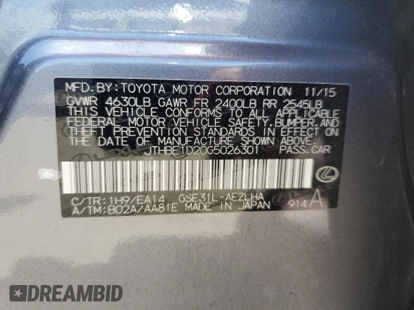 2016 Lexus IS 350 with VIN JTHBE1D20G5026301, listed as a Copart auction lot 57554915 with 76,974 mi miles and Salvage title. Bid and sale history available at DreamBid. Image 12.