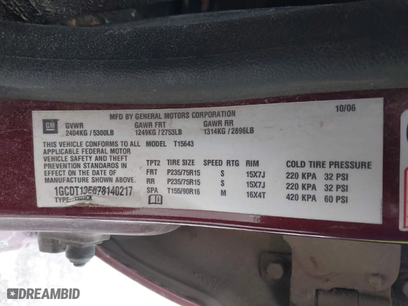 2007 Chevrolet Colorado LT w/1LT with VIN 1GCDT13E878140217, listed as a IAAI auction lot 41403848 with 153,589 mi miles. Bid and sale history available at carsss.com. Image 9.