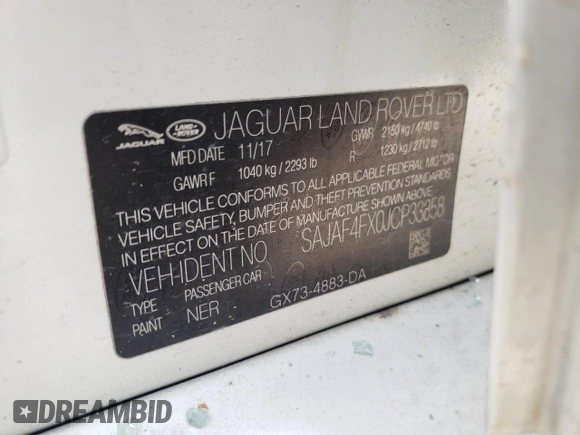 2018 Jaguar XE with VIN SAJAF4FX0JCP33858, listed as a Copart auction lot 54873844 with 46,402 mi miles and Salvage Title. Bid and sale history available at DreamBid. Image 14.