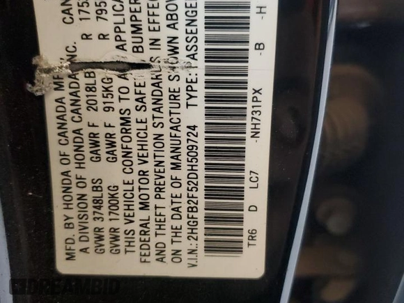 2013 Honda Civic LX with VIN 2HGFB2F52DH509724, listed as a Copart auction lot 54109225 with 109,034 mi miles and Salvage Title. Bid and sale history available at DreamBid. Image 13.