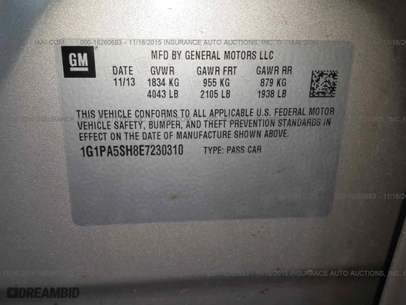 2014 Chevrolet Cruze LS with VIN 1G1PA5SH8E7230310, listed as a IAAI auction lot 16260693 with 36,756 mi miles. Bid and sale history available at carsss.com. Image 9.