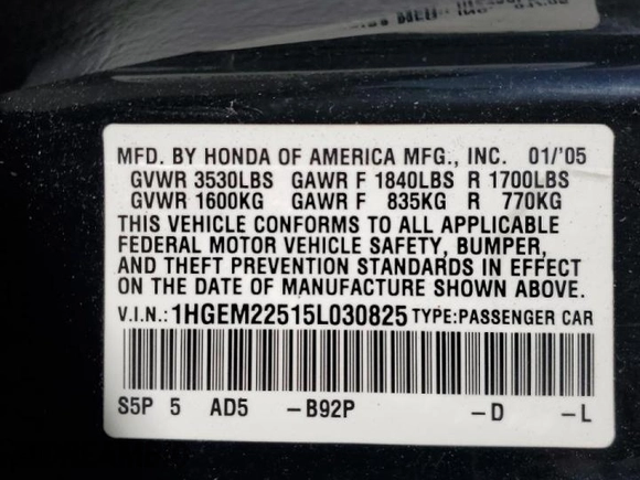 2005 Honda Civic Cpe LX with VIN 1HGEM22515L030825, listed as a Copart auction lot 46666065 with 239,046 mi miles and Salvage Title. Bid and sale history available at carsss.com. Image 14.