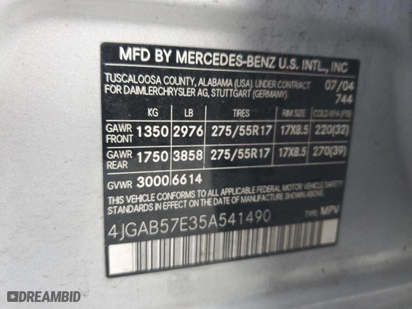 2005 Mercedes-Benz M-Class 3.7L with VIN 4JGAB57E35A541490, listed as a Copart auction lot 43761635 with 0 mi miles and Salvage Title. Bid and sale history available at carsss.com. Image 12.