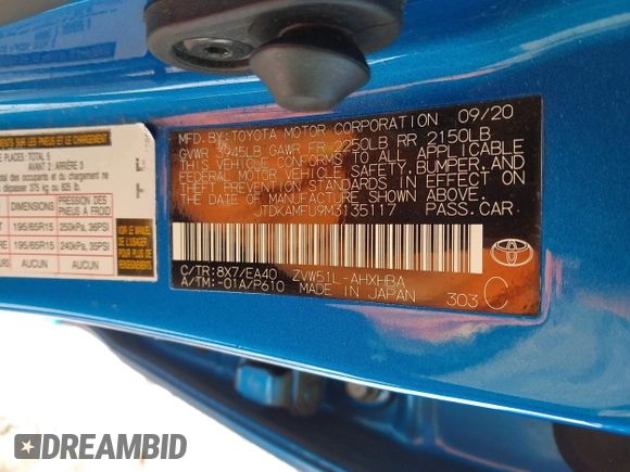 2021 Toyota Prius L Eco with VIN JTDKAMFU9M3135117, listed as a IAAI auction lot 41579736 with 35,795 mi miles and . Bid and sale history available at DreamBid. Image 9.