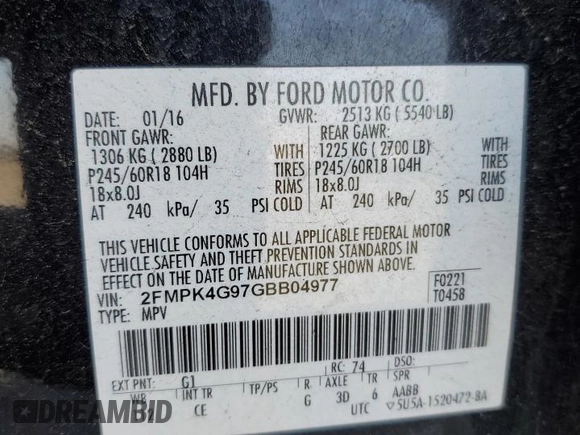 2016 Ford Edge SE with VIN 2FMPK4G97GBB04977, listed as a Copart auction lot 56150865 with 115,446 mi miles and Salvage title. Bid and sale history available at DreamBid. Image 13.