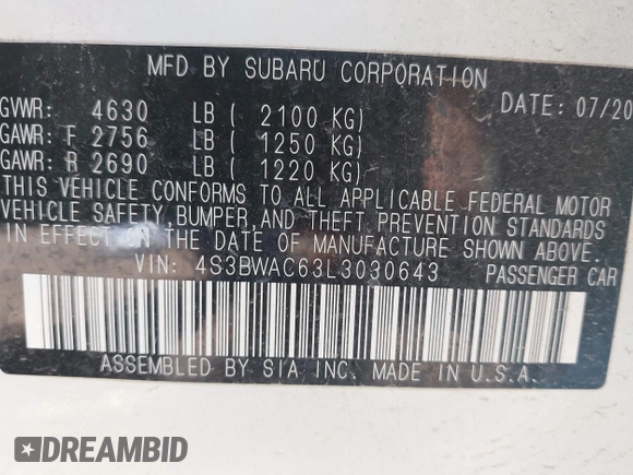 2020 Subaru Legacy Premium с VIN 4S3BWAC63L3030643, выставлен на аукционе IAAI как лот 42464663 с пробегом 47 785 миль миль и . История ставок и продаж доступна на DreamBid. Изображение 9.
