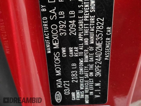 2021 Kia Forte LXS with VIN 3KPF24AD2ME357822, listed as a Copart auction lot 62790355 with 36,589 mi miles and Non repairable. Bid and sale history available at DreamBid. Image 12.