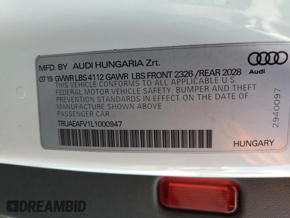 2020 Audi TT with VIN TRUAEAFV1L1000947, listed as a Copart auction lot 37233833 with 22,657 mi miles and . Bid and sale history available at DreamBid. Image 12.