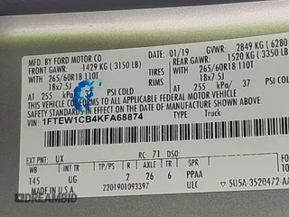 2019 Ford F-150 XL with VIN 1FTEW1CB4KFA68874, listed as a IAAI auction lot 41528169 with 85,795 mi miles and . Bid and sale history available at carsss.com. Image 9.
