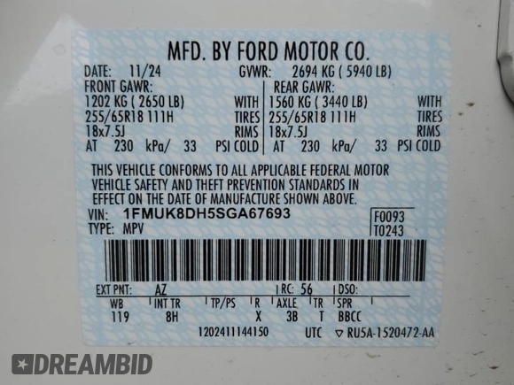 2025 Ford Explorer Active z VIN 1FMUK8DH5SGA67693, wystawiony jako Copart lot #53002495 z przebiegiem 1 561 mil mil oraz Szkoda całkowita • Salvage title. Historia ofert i sprzedaży dostępna na DreamBid. Obrazek 13.