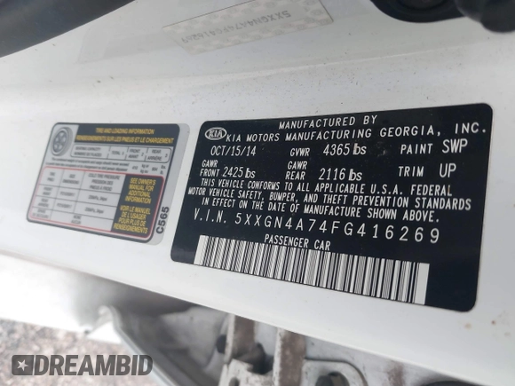 2015 Kia Optima EX with VIN 5XXGN4A74FG416269, listed as a IAAI auction lot 41895241 with 110,025 mi miles. Bid and sale history available at carsss.com. Image 9.