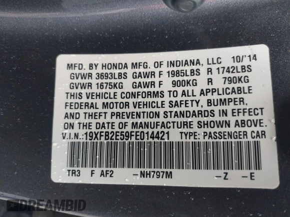 2015 Honda Civic Sedan LX with VIN 19XFB2E59FE014421, listed as a IAAI auction lot 41556046 with 141,922 mi miles. Bid and sale history available at carsss.com. Image 9.