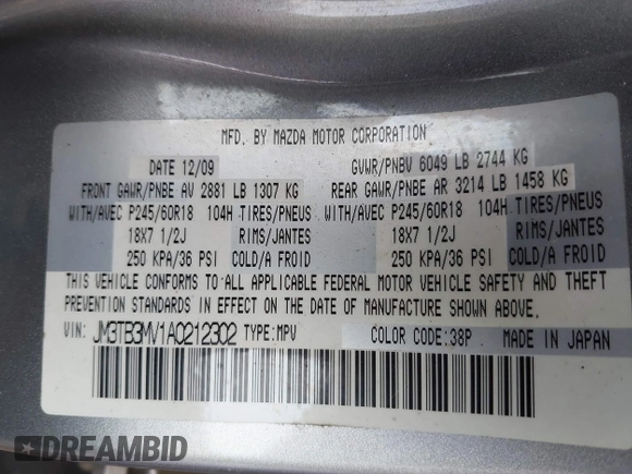 2010 Mazda CX-9 Touring with VIN JM3TB3MV1A0212302, listed as a IAAI auction lot 42164734 with Not provided miles and . Bid and sale history available at DreamBid. Image 9.