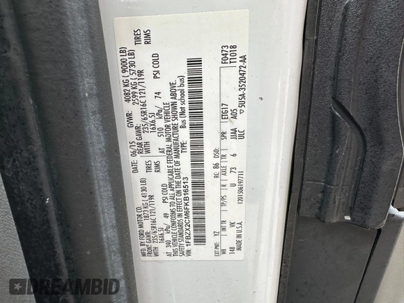 2015 Ford Transit XL with VIN 1FBZX2CM6FKB16513, listed as a Copart auction lot 58971145 with 209,777 mi miles and Clean title. Bid and sale history available at DreamBid. Image 10.