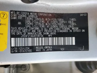 2003 Toyota Highlander z VIN JTEGF21A630108736, wystawiony jako Copart lot #59310815 z przebiegiem 128 376 mil mil oraz Czysty tytuł • Clean title. Historia ofert i sprzedaży dostępna na DreamBid. Obrazek 13.