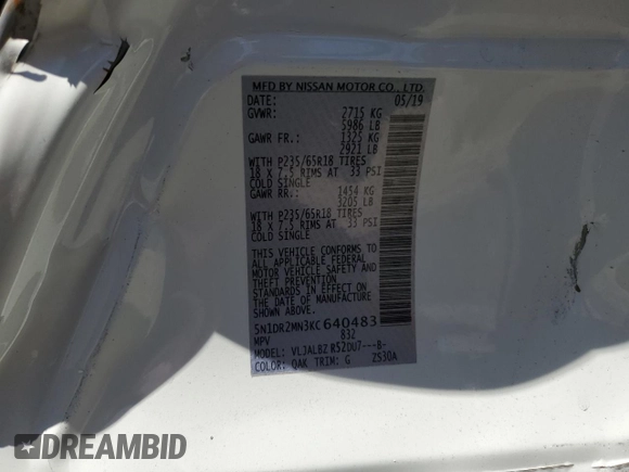 2019 Nissan Pathfinder SL with VIN 5N1DR2MN3KC640483, listed as a Copart auction lot 53702045 with 77,962 mi miles and Non repairable. Bid and sale history available at DreamBid. Image 13.