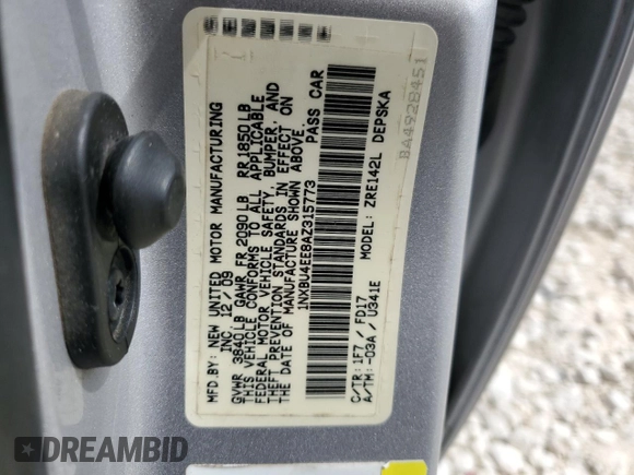 2010 Toyota Corolla with VIN 1NXBU4EE8AZ315773, listed as a Copart auction lot 48325105 with 135,709 mi miles and Salvage Title. Bid and sale history available at carsss.com. Image 12.