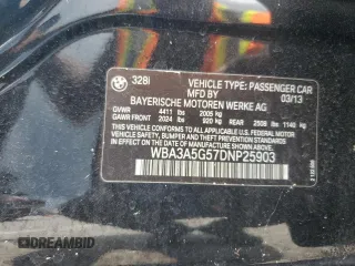 2013 BMW 3 Series 328i with VIN WBA3A5G57DNP25903, listed as a Copart auction lot 62056675 with 114,036 mi miles and Salvage title. Bid and sale history available at DreamBid. Image 12.