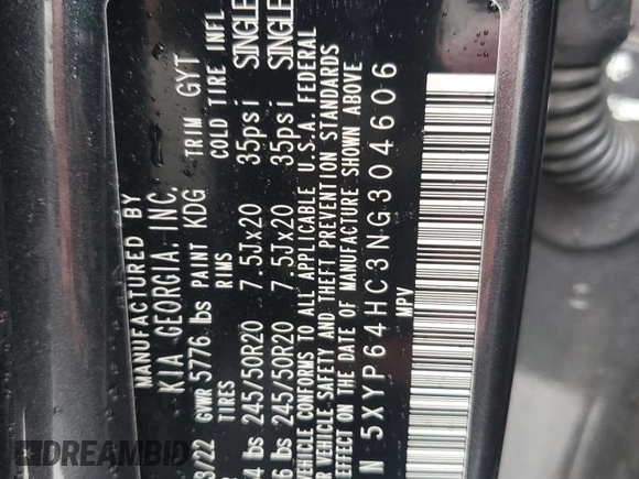 2022 Kia Telluride S with VIN 5XYP64HC3NG304606, listed as a Copart auction lot 60251245 with 33,514 mi miles and Salvage title. Bid and sale history available at DreamBid. Image 14.