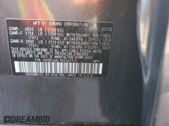 2024 Subaru Outback z VIN 4S4BTAAC1R3143125, wystawiony jako Copart lot #85858034 z przebiegiem 22 491 mil mil oraz Czysty tytuł • Clean title. Historia ofert i sprzedaży dostępna na DreamBid. Obrazek 14.