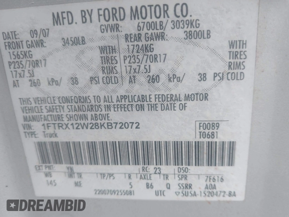 2008 Ford F-150 STX with VIN 1FTRX12W28KB72072, listed as a IAAI auction lot 42046460 with 282,296 mi miles and . Bid and sale history available at carsss.com. Image 9.