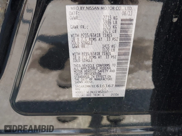 2014 Nissan Pathfinder S with VIN 5N1AR2MM7EC616167, listed as a IAAI auction lot 42667792 with 180,816 mi miles and . Bid and sale history available at DreamBid. Image 9.