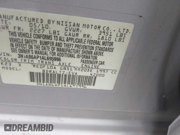 2010 Nissan Sentra S z VIN 3N1AB6AP1AL695996, wystawiony jako IAAI lot #42450128 z przebiegiem 199 606 mil mil oraz . Historia ofert i sprzedaży dostępna na DreamBid. Obrazek 9.