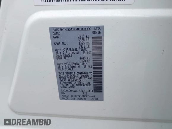 2016 Infiniti QX60 with VIN 5N1AL0MNXGC532149, listed as a IAAI auction lot 42034650 with 124,126 mi miles and . Bid and sale history available at DreamBid. Image 9.