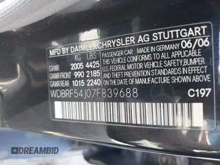 2007 Mercedes-Benz C with VIN WDBRF54J07F839688, listed as a IAAI auction lot 42157558 with 138,518 mi miles and . Bid and sale history available at DreamBid. Image 9.