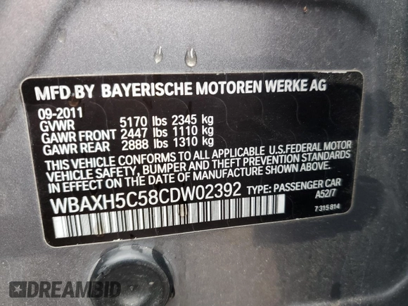 2013 BMW 5 Series 528i xDrive with VIN WBAXH5C58CDW02392, listed as a Copart auction lot 54336085 with 88,658 mi miles and Clean Title. Bid and sale history available at carsss.com. Image 12.