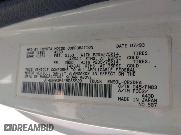 1993 Toyota Pickup DLX with VIN JT4RN93P4P5086920, listed as a IAAI auction lot 42033875 with 329,248 mi miles and . Bid and sale history available at DreamBid. Image 9.