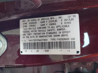 2010 Honda Accord LX with VIN 1HGCP2F37AA073661, listed as a IAAI auction lot 42744427 with 233,175 mi miles and . Bid and sale history available at DreamBid. Image 9.