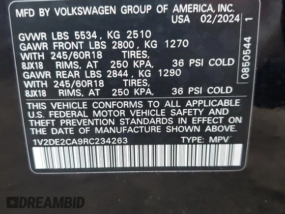 2024 Volkswagen Atlas SE with VIN 1V2DE2CA9RC234263, listed as a Copart auction lot 74840754 with 12,247 mi miles and Non repairable. Bid and sale history available at DreamBid. Image 14.