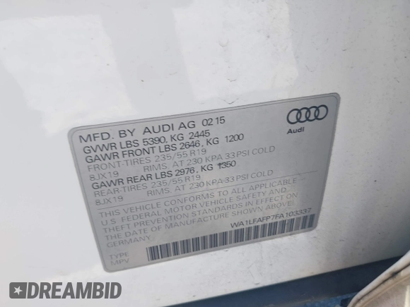 2015 Audi Q5 Premium Plus with VIN WA1LFAFP7FA103337, listed as a IAAI auction lot 41781390 with 96,465 mi miles and . Bid and sale history available at DreamBid. Image 9.
