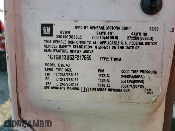 2003 GMC Sierra 1500HD SLT z VIN 1GTGK13U53F217669, wystawiony jako Copart lot #74547254 z przebiegiem 204 966 mil mil oraz Czysty tytuł • Clean title. Historia ofert i sprzedaży dostępna na DreamBid. Obrazek 15.