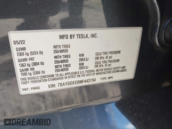 2022 Tesla Model Y Long Range z VIN 7SAYGDEE8NF443194, wystawiony jako IAAI lot #42259205 z przebiegiem 38 540 mil mil oraz . Historia ofert i sprzedaży dostępna na DreamBid. Obrazek 9.