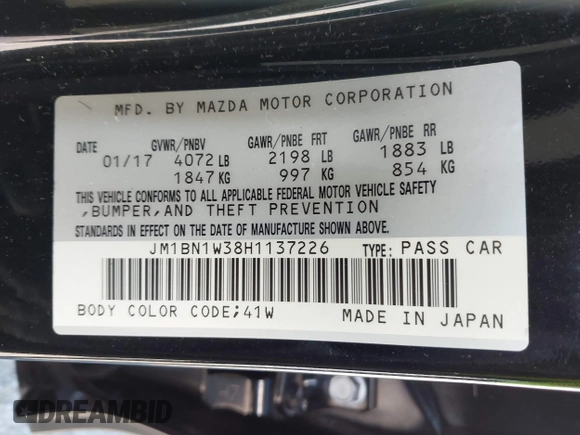 2017 Mazda 3 Grand Touring with VIN JM1BN1W38H1137226, listed as a IAAI auction lot 42034889 with 79,489 mi miles and . Bid and sale history available at DreamBid. Image 9.