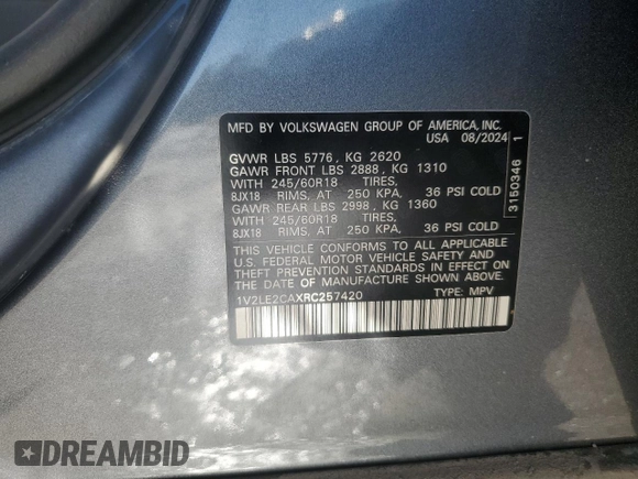 2024 Volkswagen Atlas SE с VIN 1V2LE2CAXRC257420, выставлен на аукционе Copart как лот 44752985 с пробегом Не указан миль и Списание • Salvage title. История ставок и продаж доступна на DreamBid. Изображение 13.