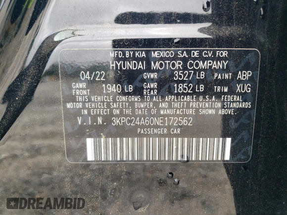 2022 Hyundai Accent SE с VIN 3KPC24A60NE172562, выставлен на аукционе Copart как лот 56331415 с пробегом 50 135 миль миль и Списание • Salvage title. История ставок и продаж доступна на DreamBid. Изображение 12.