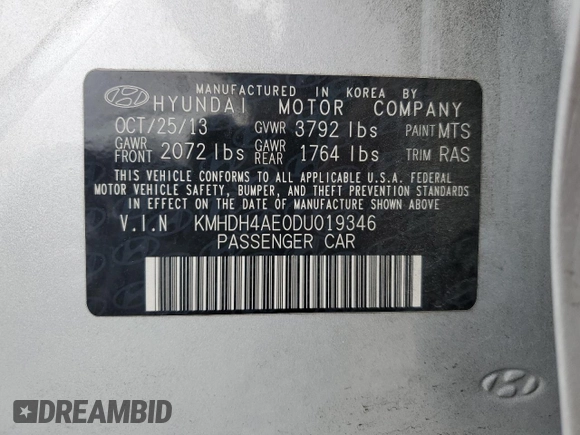 2013 Hyundai Elantra GLS z VIN KMHDH4AE0DU019346, wystawiony jako Copart lot #50828415 z przebiegiem 121 897 mil mil oraz Szkoda całkowita • Salvage title. Historia ofert i sprzedaży dostępna na DreamBid. Obrazek 13.
