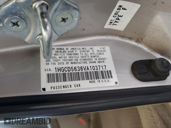 1997 Honda Accord LX with VIN 1HGCD5636VA103717, listed as a Copart auction lot 51918965 with 209,901 mi miles and Salvage title. Bid and sale history available at DreamBid. Image 12.