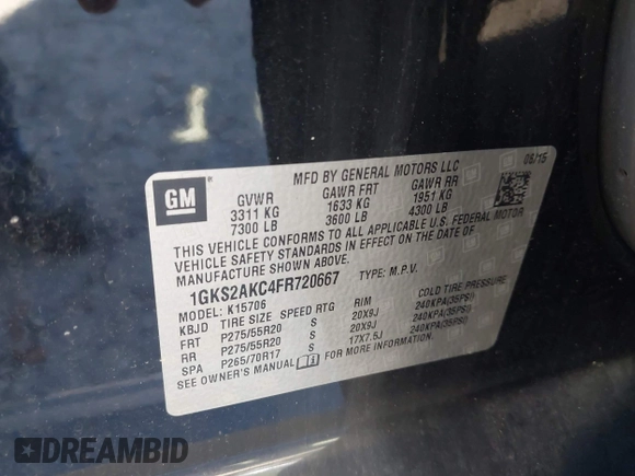 2015 GMC Yukon SLE with VIN 1GKS2AKC4FR720667, listed as a IAAI auction lot 41822277 with 134,984 mi miles and . Bid and sale history available at DreamBid. Image 9.