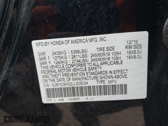 2020 Acura MDX with VIN 5J8YD3H32LL005034, listed as a IAAI auction lot 41697167 with 57,860 mi miles and . Bid and sale history available at DreamBid. Image 9.