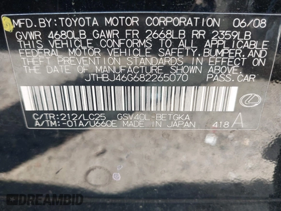 2008 Lexus ES 330 with VIN JTHBJ46G682265070, listed as a IAAI auction lot 42038494 with 188,138 mi miles and . Bid and sale history available at DreamBid. Image 9.